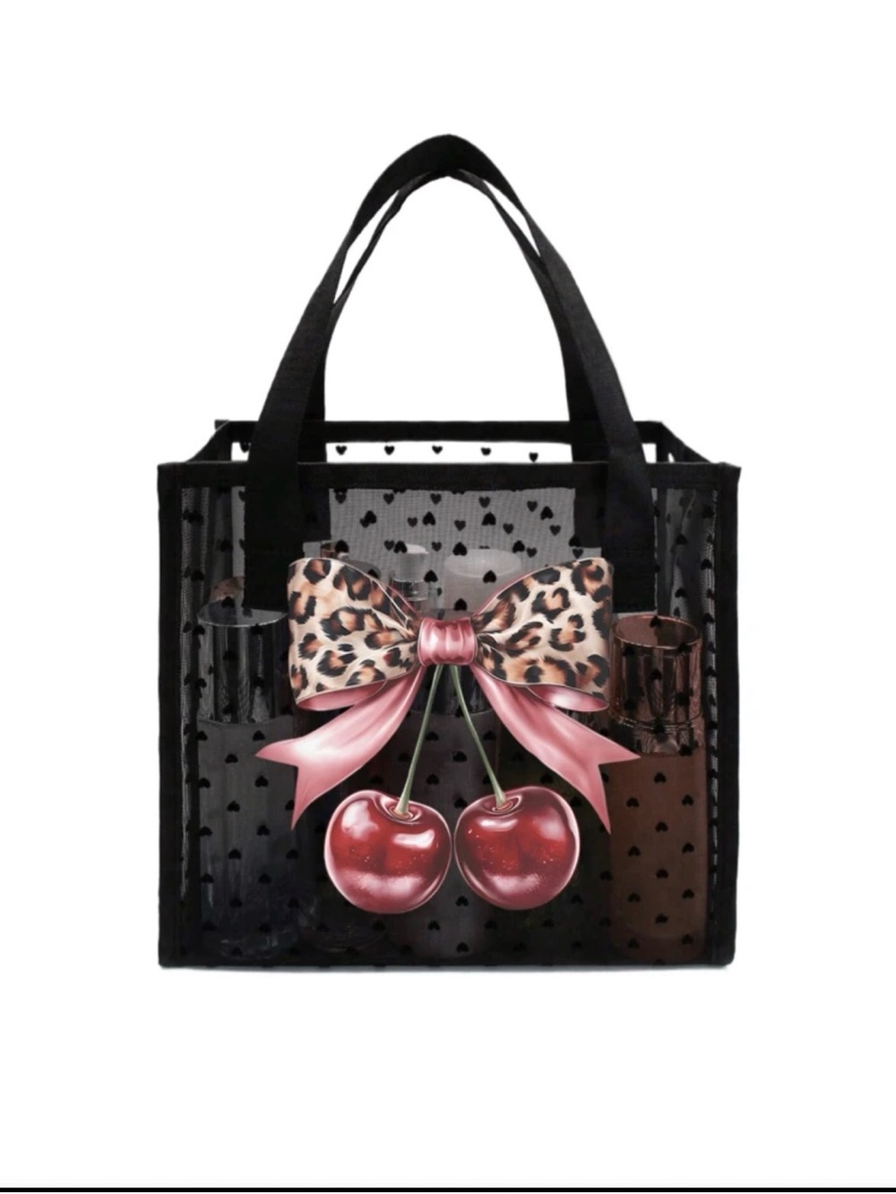 Black Clear Tote Bag Set with Pink Leopard Bow & Cherry Print - Picture 2 of 4